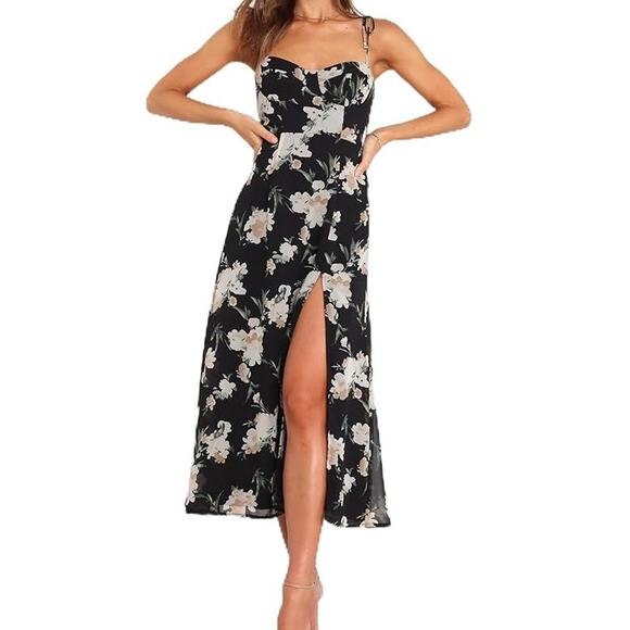 NWT Petal + Pup Size 8 MED Black Meg Dress Floral Midi Sweetheart Empire Waist - Picture 1 of 15